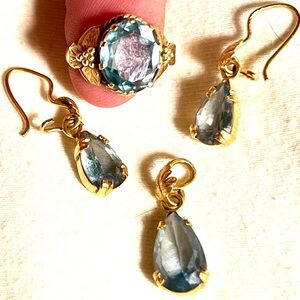 Vintage 18k+ Yellow Gold Aquamarine Pendant, Earrings, and Ring Set
